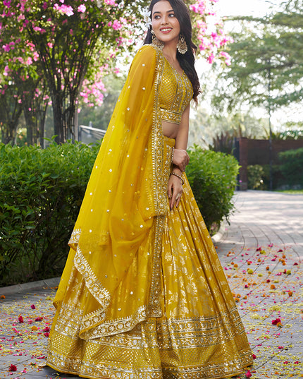 Attractive Maize Yellow Zari Dola Silk Jacquard Embroidered Wedding Lehenga Choli Set