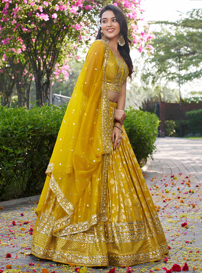 Attractive Maize Yellow Zari Dola Silk Jacquard Embroidered Wedding Lehenga Choli Set