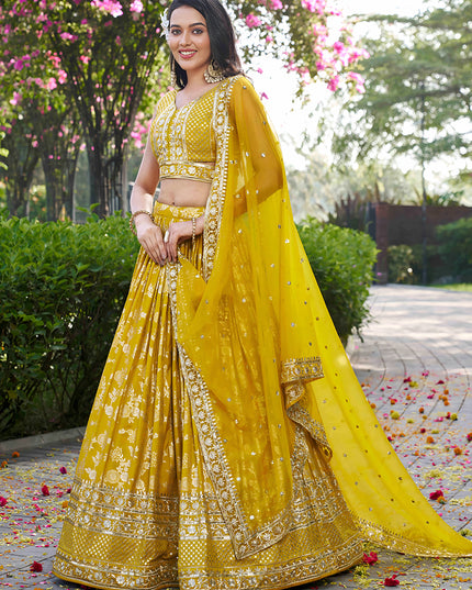 Attractive Maize Yellow Zari Dola Silk Jacquard Embroidered Wedding Lehenga Choli Set