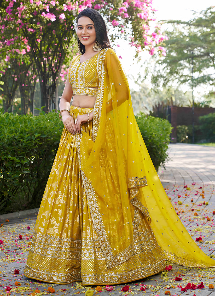 Attractive Maize Yellow Zari Dola Silk Jacquard Embroidered Wedding Lehenga Choli Set