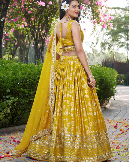 Attractive Maize Yellow Zari Dola Silk Jacquard Embroidered Wedding Lehenga Choli Set