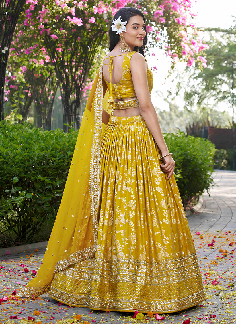 Attractive Maize Yellow Zari Dola Silk Jacquard Embroidered Wedding Lehenga Choli Set