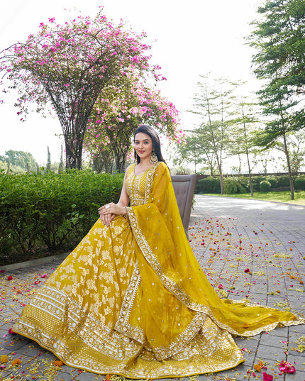 Attractive Maize Yellow Zari Dola Silk Jacquard Embroidered Wedding Lehenga Choli Set