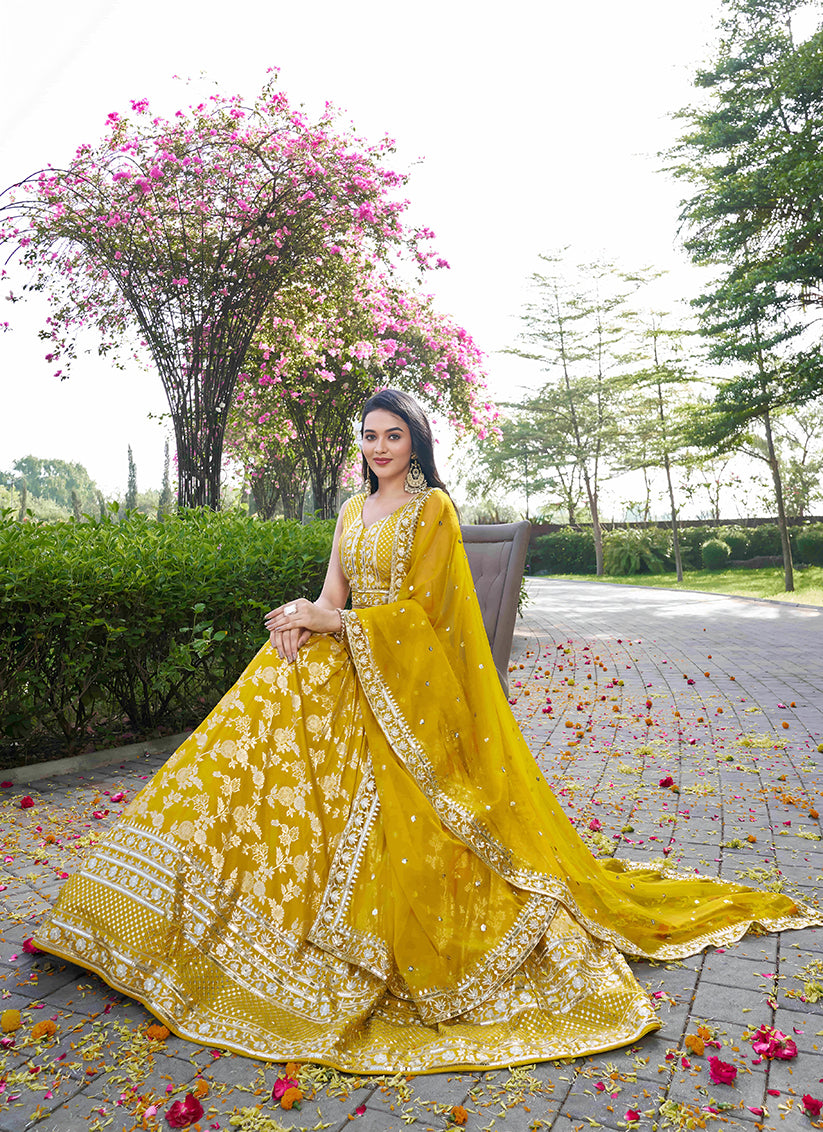 Attractive Maize Yellow Zari Dola Silk Jacquard Embroidered Wedding Lehenga Choli Set