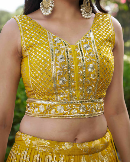 Attractive Maize Yellow Zari Dola Silk Jacquard Embroidered Wedding Lehenga Choli Set