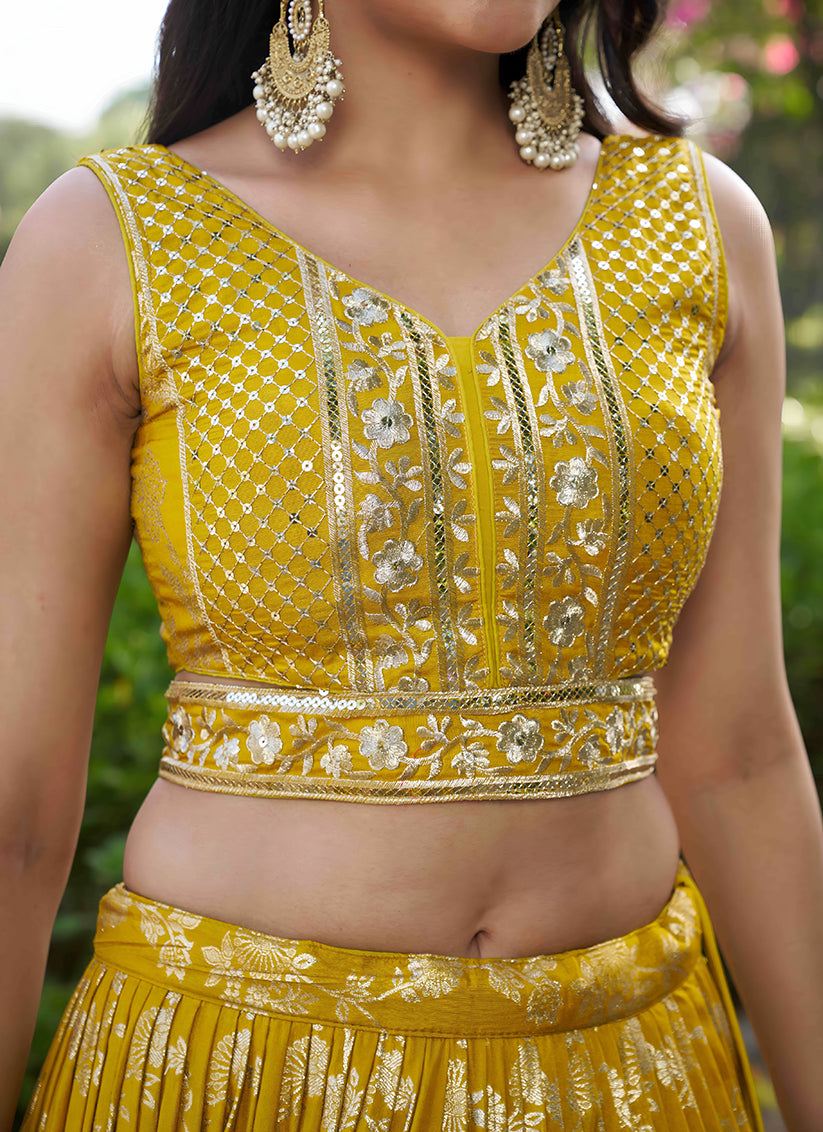 Attractive Maize Yellow Zari Dola Silk Jacquard Embroidered Wedding Lehenga Choli Set