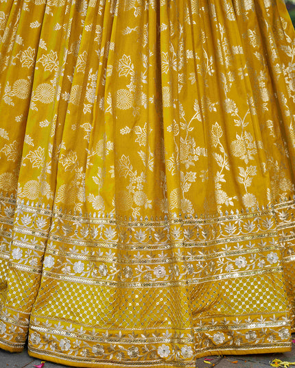 Attractive Maize Yellow Zari Dola Silk Jacquard Embroidered Wedding Lehenga Choli Set