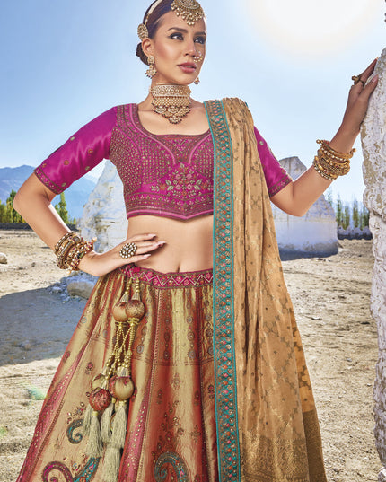 Beige Wedding Wear Banarasi Silk Jacquard Lehenga Choli Set