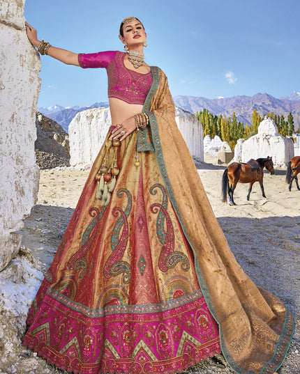 Beige Wedding Wear Banarasi Silk Jacquard Lehenga Choli Set