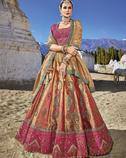Beige Wedding Wear Banarasi Silk Jacquard Lehenga Choli Set