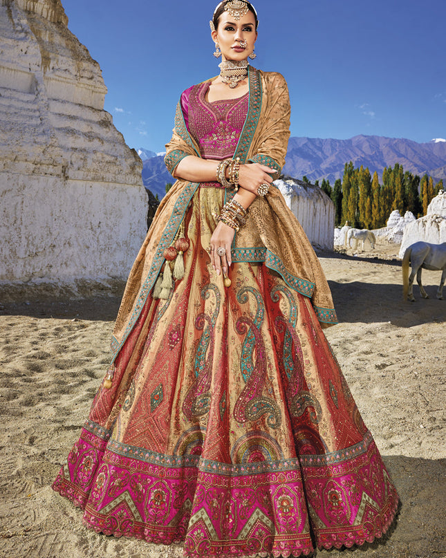 Beige Wedding Wear Banarasi Silk Jacquard Lehenga Choli Set