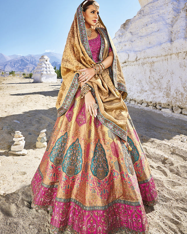 Beige Wedding Wear Banarasi Silk Jacquard Lehenga Choli Set