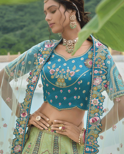 Alluring Mint Green Heavy Embroidered Silk Designer Lehenga Choli