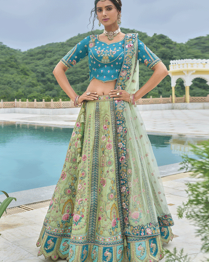 Alluring Mint Green Heavy Embroidered Silk Designer Lehenga Choli