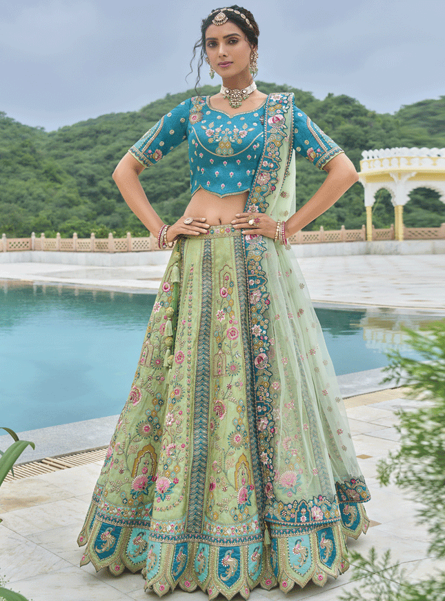 Alluring Mint Green Heavy Embroidered Silk Designer Lehenga Choli