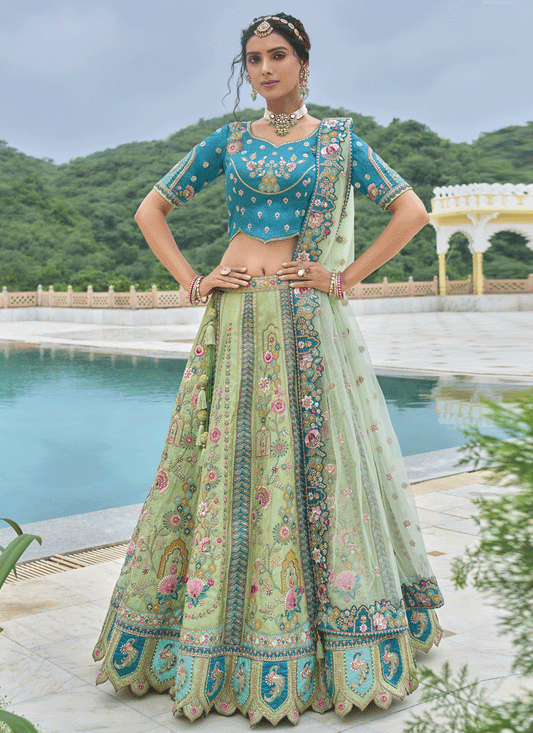 Alluring Mint Green Heavy Embroidered Silk Designer Lehenga Choli