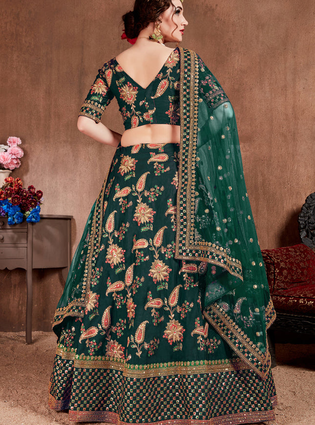 Voguish Dark Green Taffeta Silk Bridal Lehenga Choli