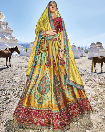 Lime Green Wedding Wear Banarasi Silk Jacquard Lehenga Choli Set