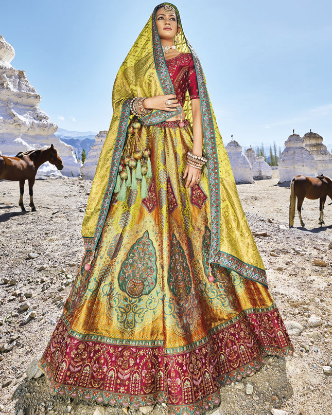 Lime Green Wedding Wear Banarasi Silk Jacquard Lehenga Choli Set