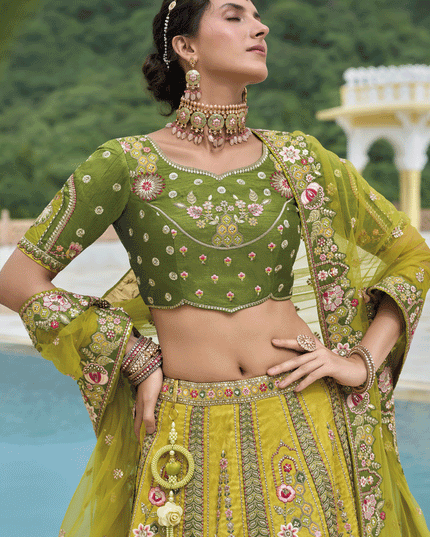 Adorable Lime Yellow Heavy Embroidered Silk Designer Lehenga Choli