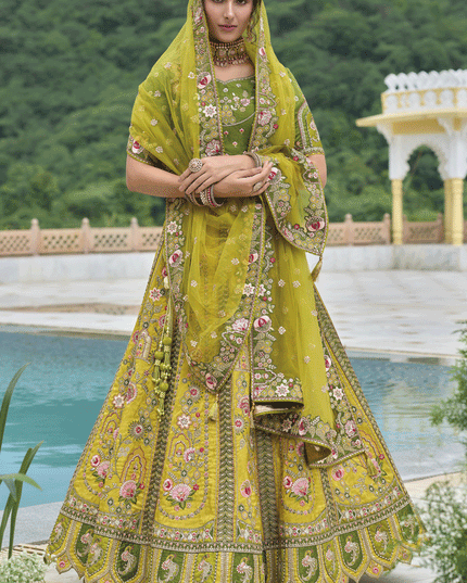 Adorable Lime Yellow Heavy Embroidered Silk Designer Lehenga Choli