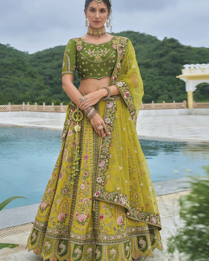 Adorable Lime Yellow Heavy Embroidered Silk Designer Lehenga Choli