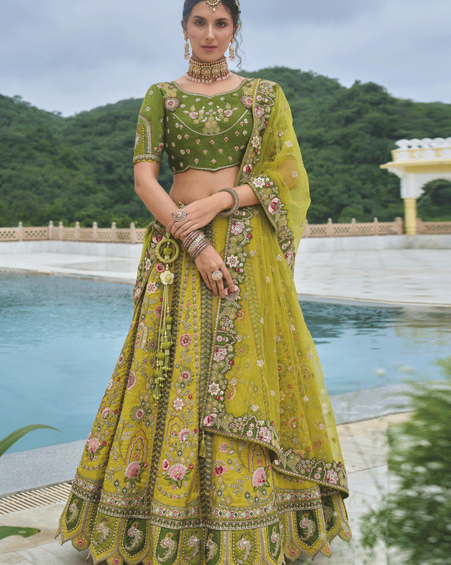 Adorable Lime Yellow Heavy Embroidered Silk Designer Lehenga Choli