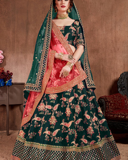 Voguish Dark Green Taffeta Silk Bridal Lehenga Choli