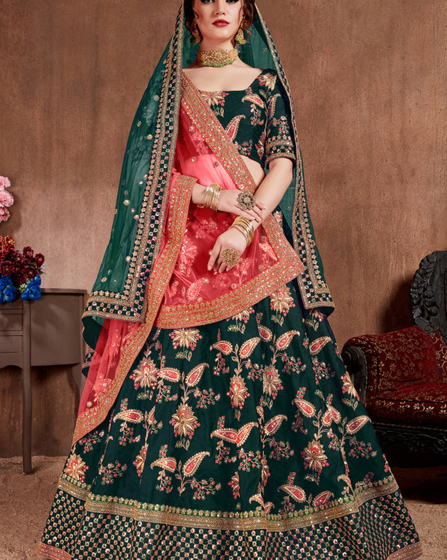Voguish Dark Green Taffeta Silk Bridal Lehenga Choli