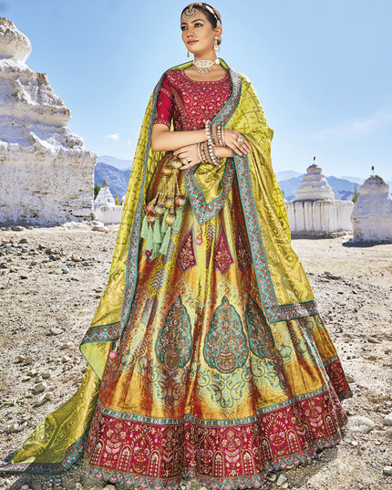 Lime Green Wedding Wear Banarasi Silk Jacquard Lehenga Choli Set