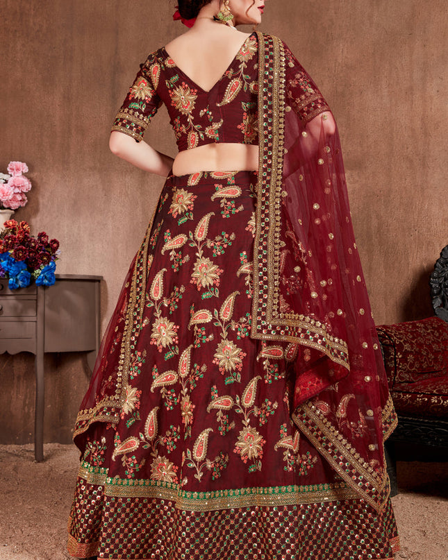 Opulent Dark Maroon Taffeta Silk Bridal Lehenga Choli