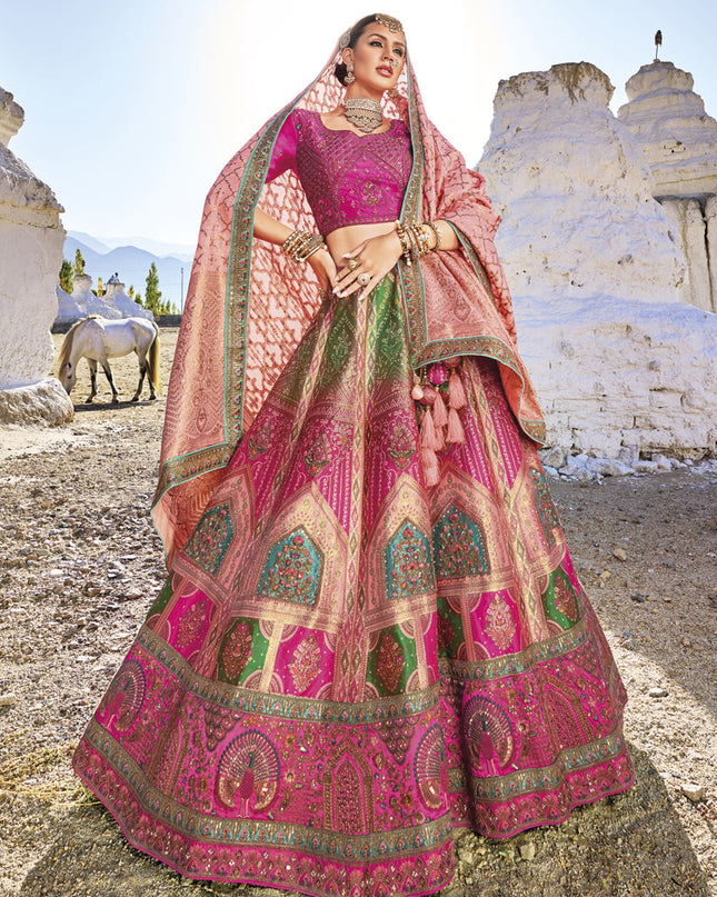 Rani Pink Wedding Wear Banarasi Silk Jacquard Lehenga Choli Set