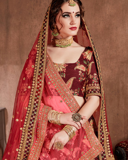 Opulent Dark Maroon Taffeta Silk Bridal Lehenga Choli