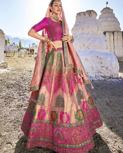 Rani Pink Wedding Wear Banarasi Silk Jacquard Lehenga Choli Set