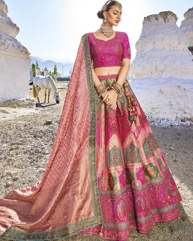 Rani Pink Wedding Wear Banarasi Silk Jacquard Lehenga Choli Set