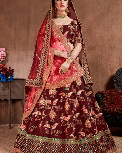 Opulent Dark Maroon Taffeta Silk Bridal Lehenga Choli
