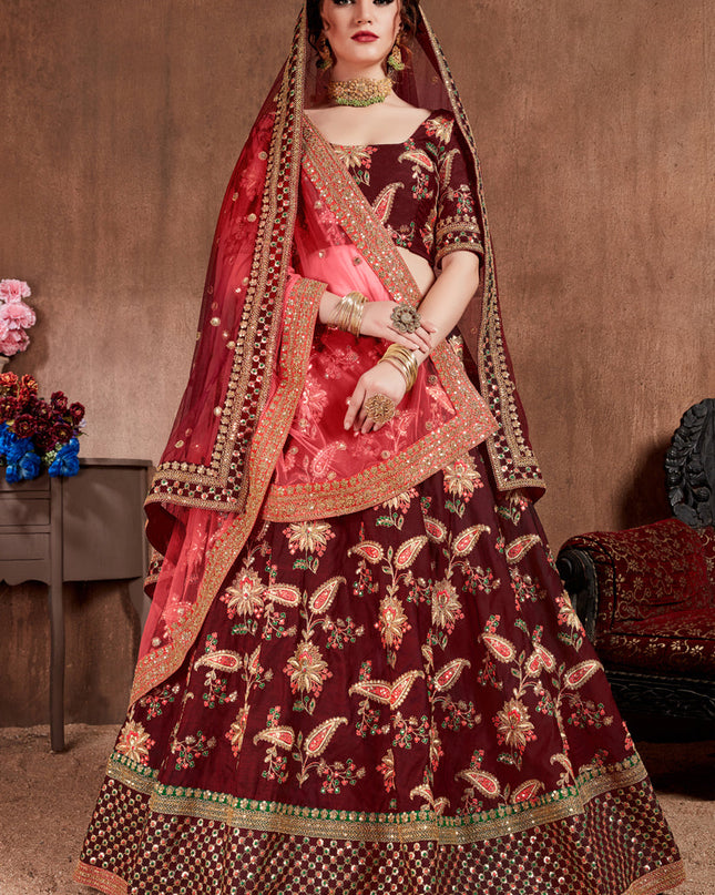 Opulent Dark Maroon Taffeta Silk Bridal Lehenga Choli