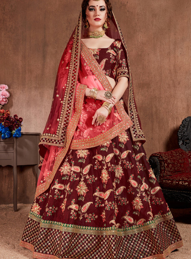 Opulent Dark Maroon Taffeta Silk Bridal Lehenga Choli