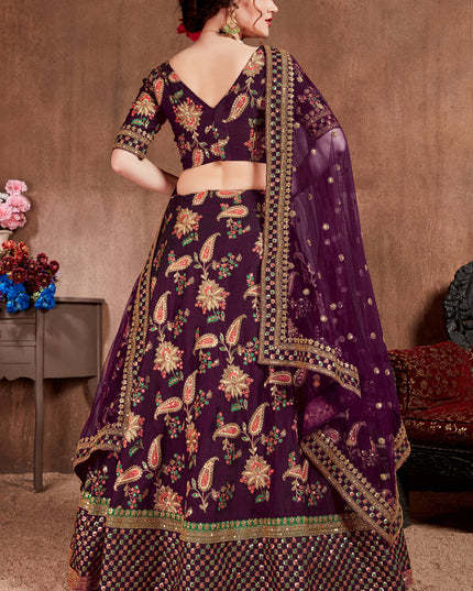 Striking Dark Purple Taffeta Silk Bridal Lehenga Choli