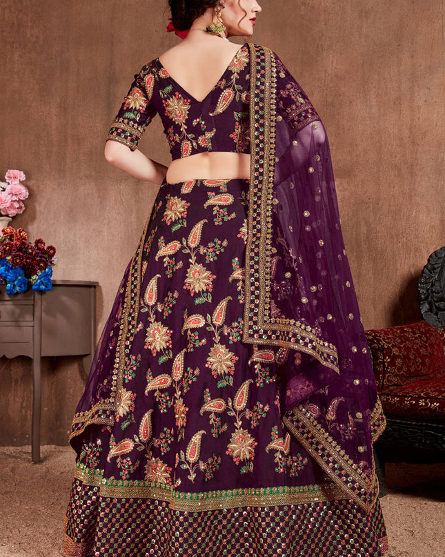 Striking Dark Purple Taffeta Silk Bridal Lehenga Choli