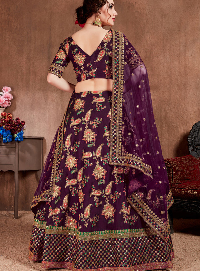 Striking Dark Purple Taffeta Silk Bridal Lehenga Choli
