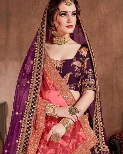 Striking Dark Purple Taffeta Silk Bridal Lehenga Choli