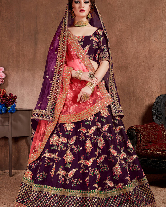 Striking Dark Purple Taffeta Silk Bridal Lehenga Choli