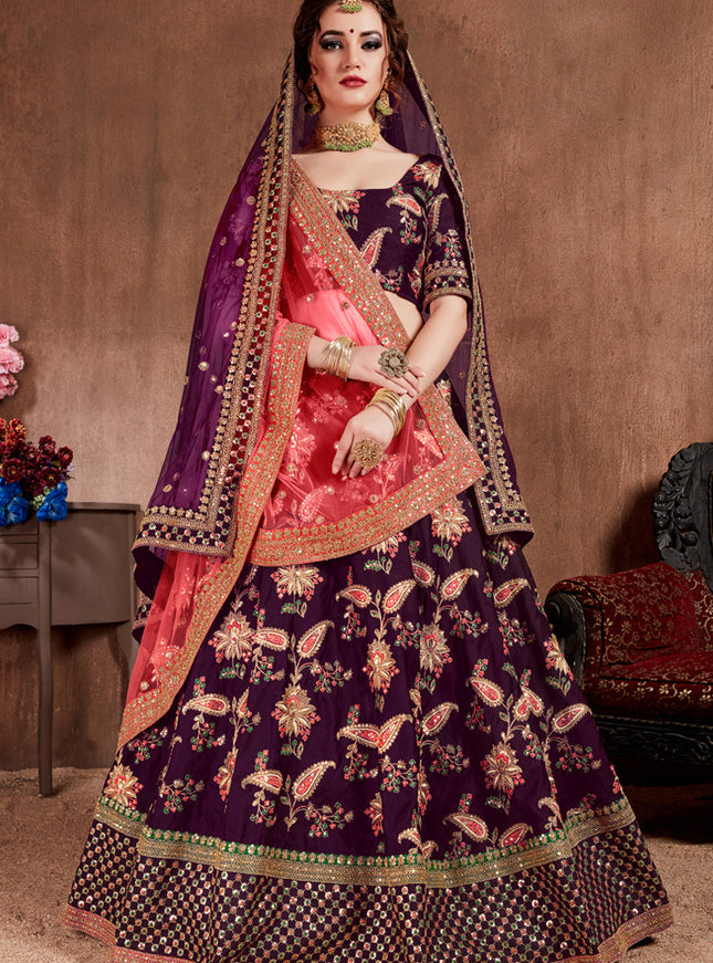 Striking Dark Purple Taffeta Silk Bridal Lehenga Choli