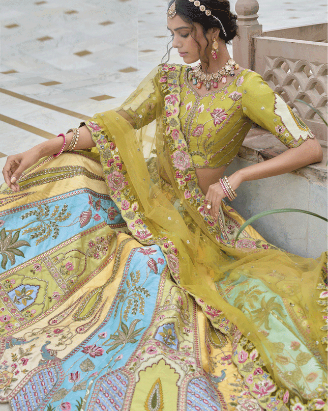 Amazing Multicolor Heavy Embroidered Silk Designer Lehenga Choli