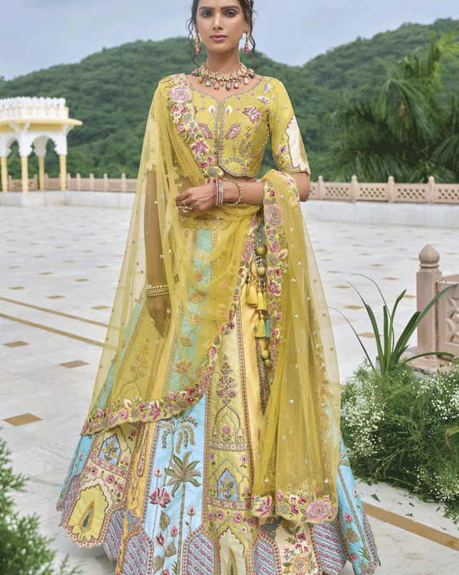 Amazing Multicolor Heavy Embroidered Silk Designer Lehenga Choli