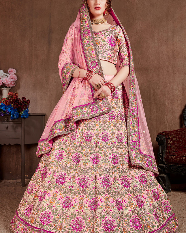 Flawless Pastel Pink Taffeta Silk Bridal Lehenga Choli