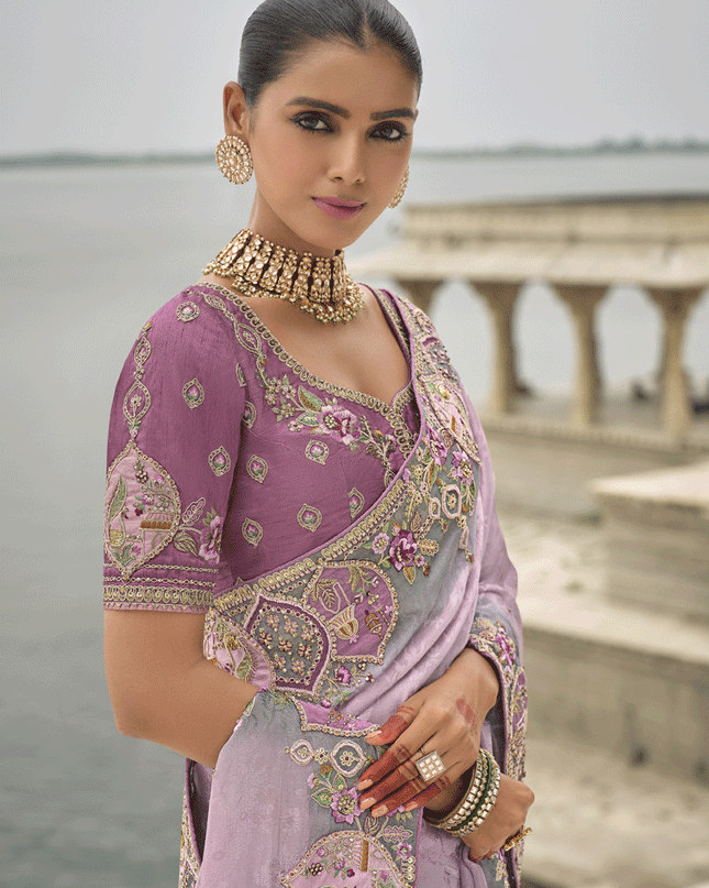 Lilac Pink Pure Viscose Handwork Jacquard Saree
