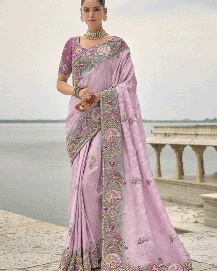 Lilac Pink Pure Viscose Handwork Jacquard Saree
