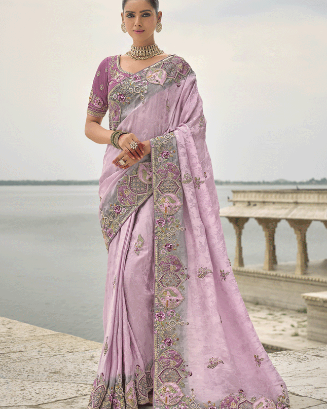 Lilac Pink Pure Viscose Handwork Jacquard Saree